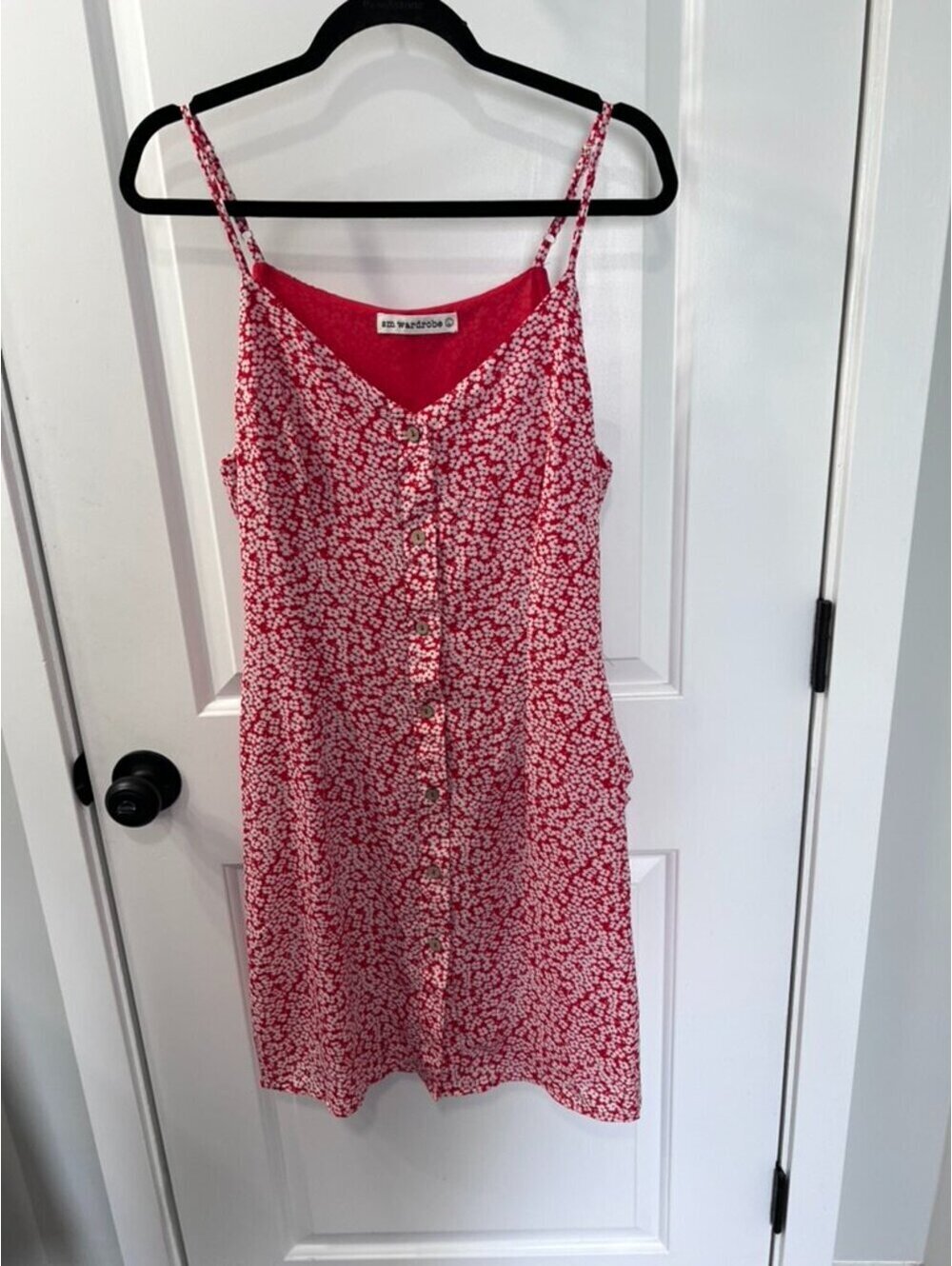 SM Wardrobe Red Floral Button Front Mini Dress Size Large Cottagecore Sundress